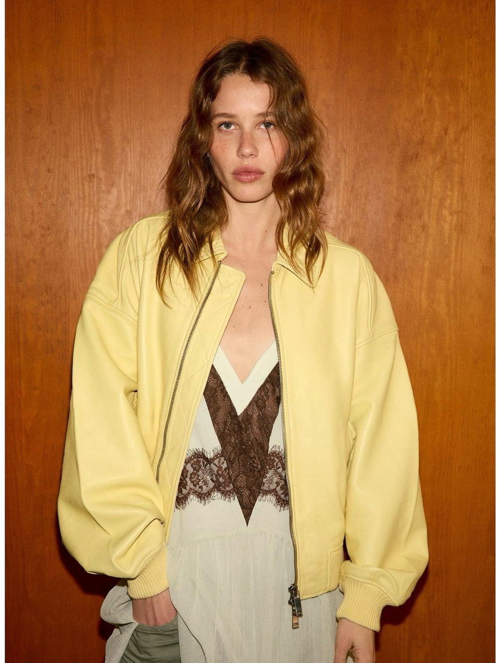 NWT Zara 100% leather butter yellow bomber jacket